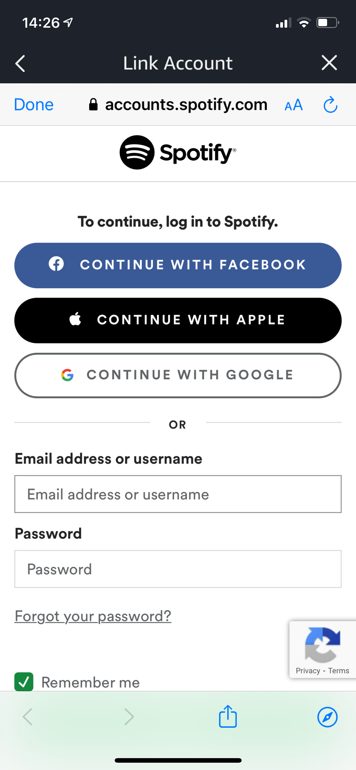 Экран входа в Spotify для связывания