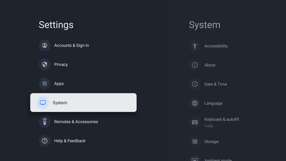 Приложение Настройки Google TV — раздел Система