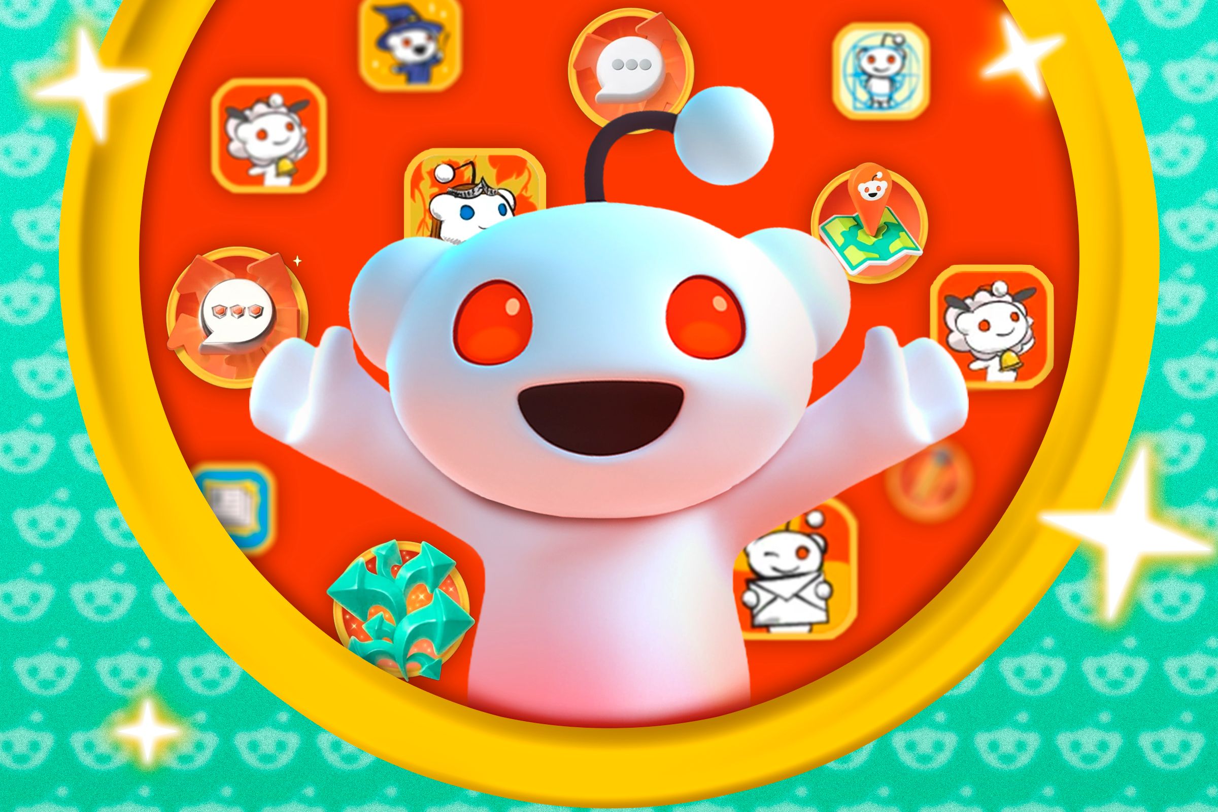 Reddit mascot with some trophies and achievements behind him.