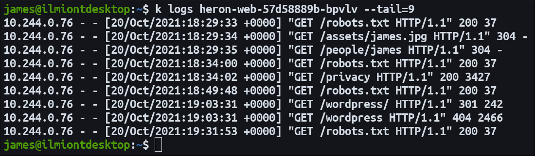 Скриншот: просмотр логов Pod в Kubernetes с помощью kubectl