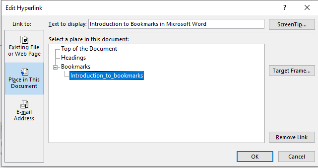 Диалог выбора закладки в диалоге Вставка гиперссылки