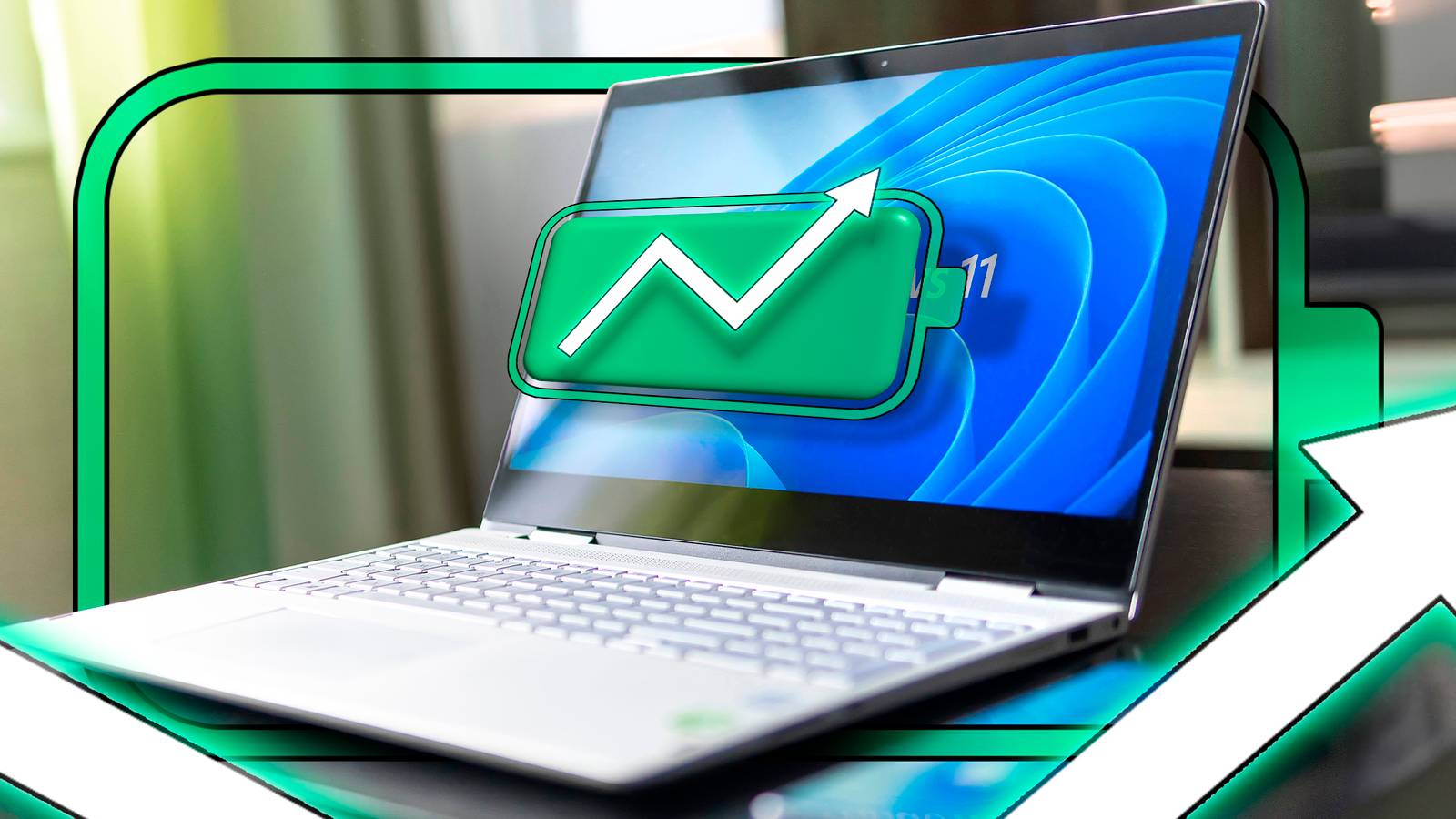 A laptop with Windows 11 showing a full battery icon and an upward arrow indicating a battery increase.