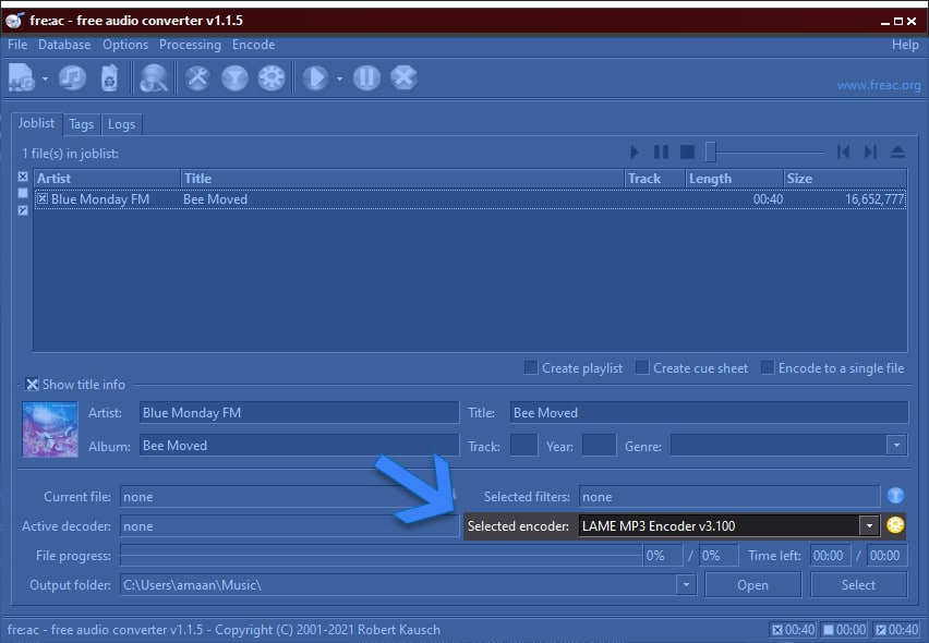 Selector de codificador LAME MP3 en Fre:ac