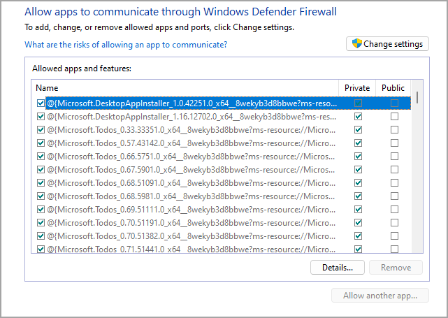 Список приложений в брандмауэре