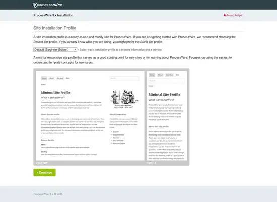Начальная страница установки ProcessWire