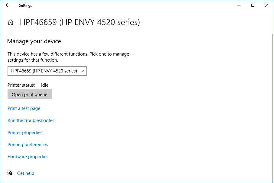 Окно управления принтером и параметры печати в Windows 10