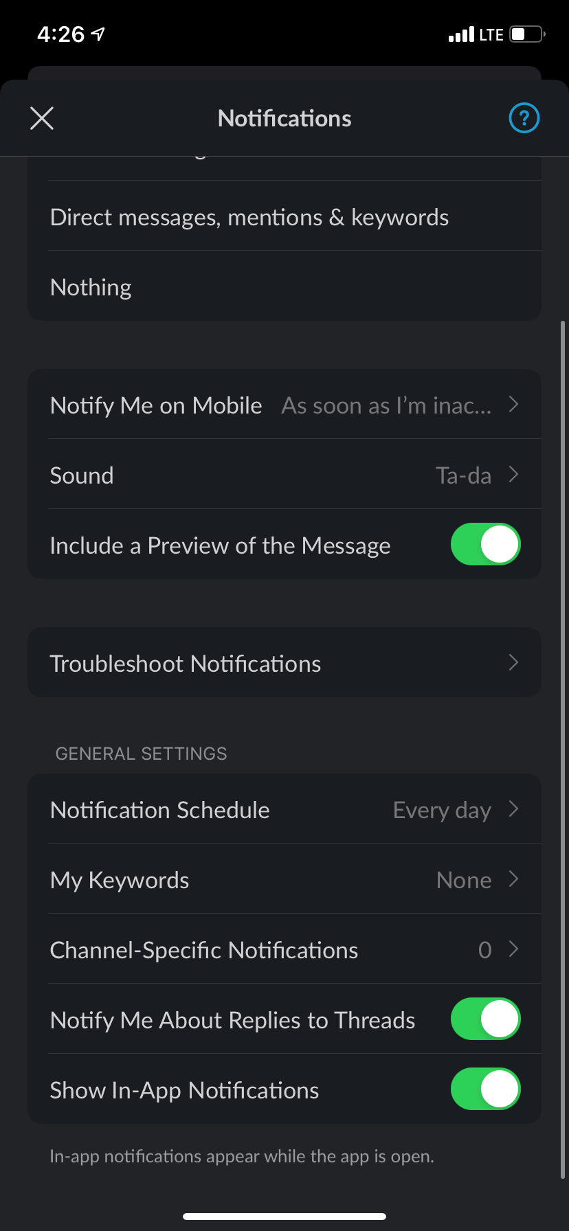 Экран настроек уведомлений в приложении Slack на iPhone