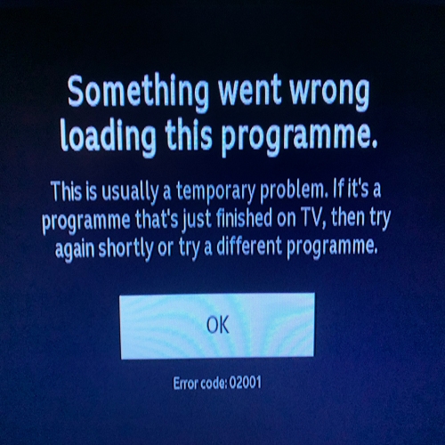Pantalla con el código de error 02001 en BBC iPlayer