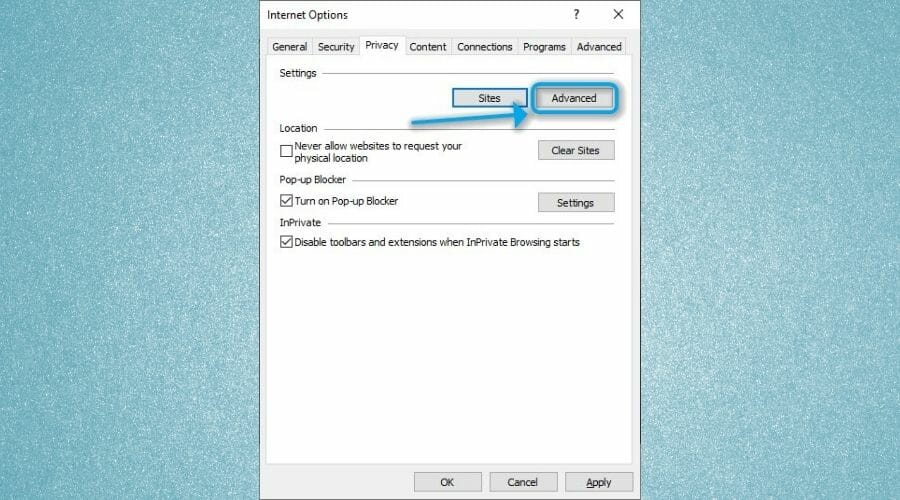 Кнопка Дополнительно в настройках конфиденциальности IE