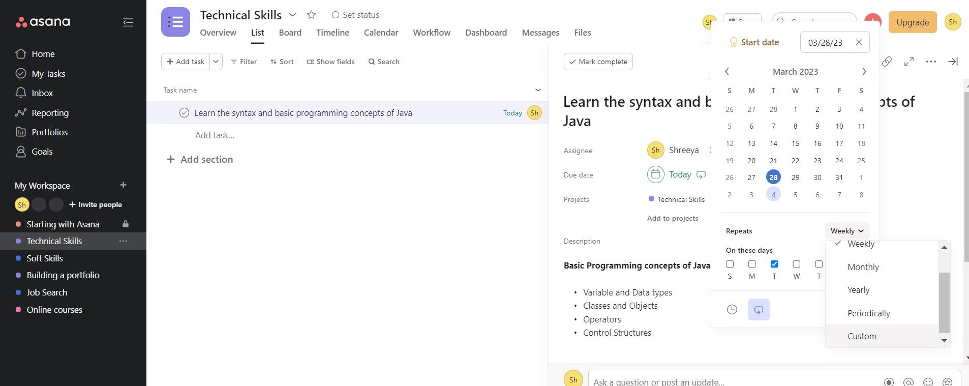 Установка сроков в Asana
