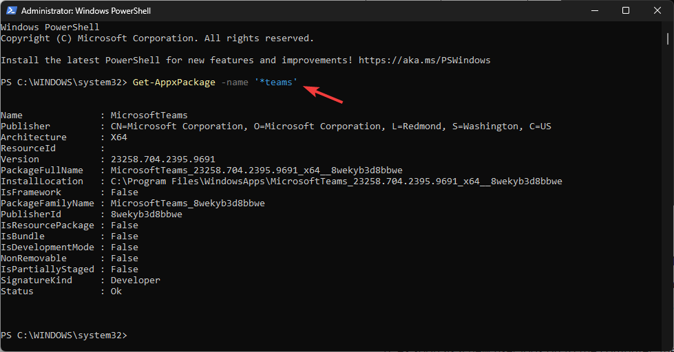 Результат проверки пакета Teams в PowerShell
