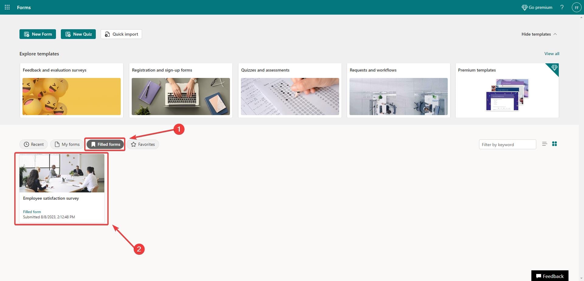 раздел заполненные формы в Microsoft Forms
