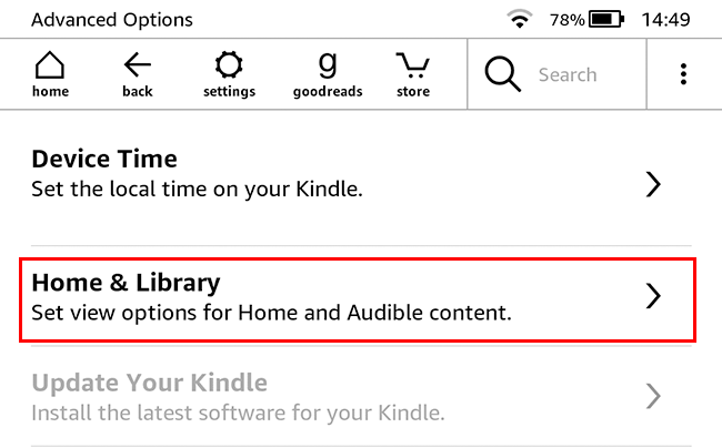 Пункт Домашний экран и библиотека выделен