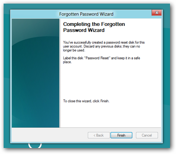 Индикатор завершения мастера создания диска сброса пароля