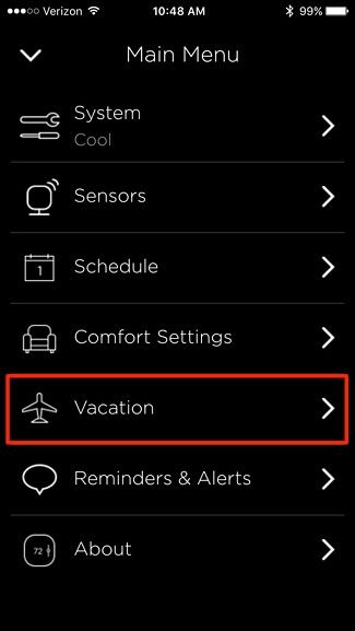 Меню с опцией Vacation выделено