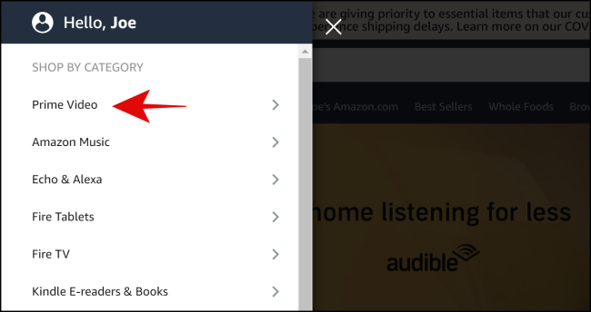 Выбор раздела Prime Video в меню Amazon