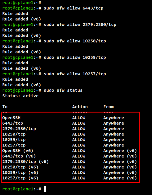 Вывод ufw status для control-plane