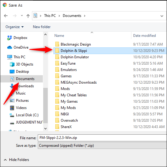 Выберите папку загрузки Dolphin and Slippi при скачивании