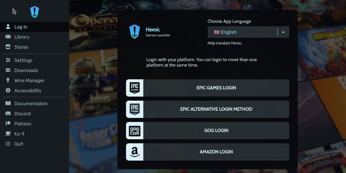Страница входа Heroic Games Launcher