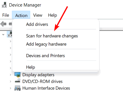Выбор «Сканировать изменения оборудования» после удаления драйвера USB 3.0