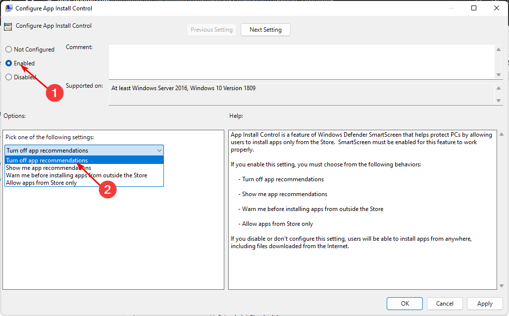 Опция «Turn off app recommendations» в настройках политики