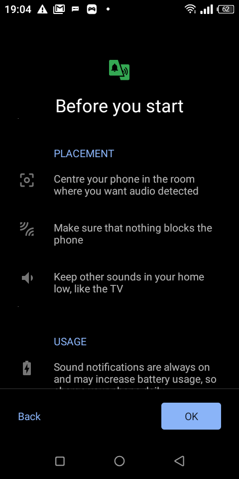 Скриншот интерфейса Live Transcribe: выбор звуковых событий