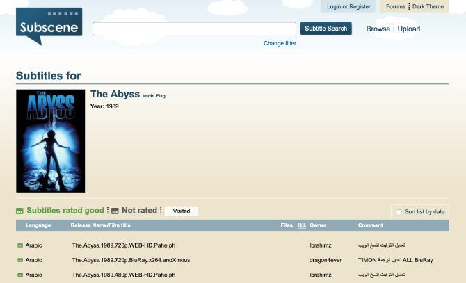 Сайт Subscene со списком субтитров для фильма «Бездна»