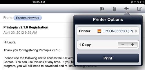 Диалог печати на iOS с опциями виртуального принтера и выбором количества копий