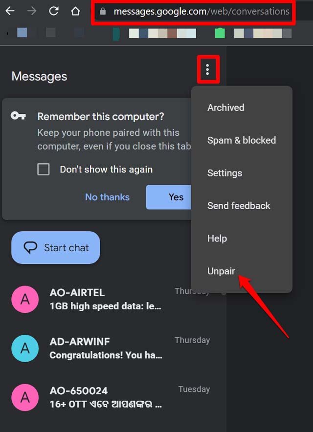 Опция 'Unpair' в меню Google Messages for Web на ПК.
