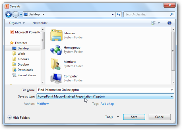 Сохранение презентации в формате .pptm