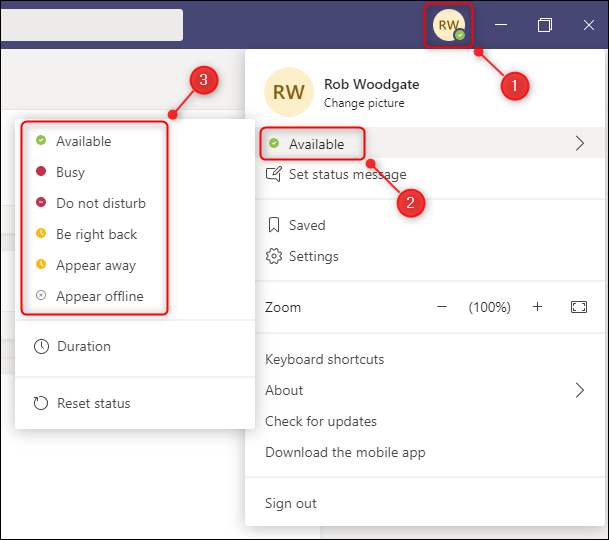 Опции статуса в Microsoft Teams