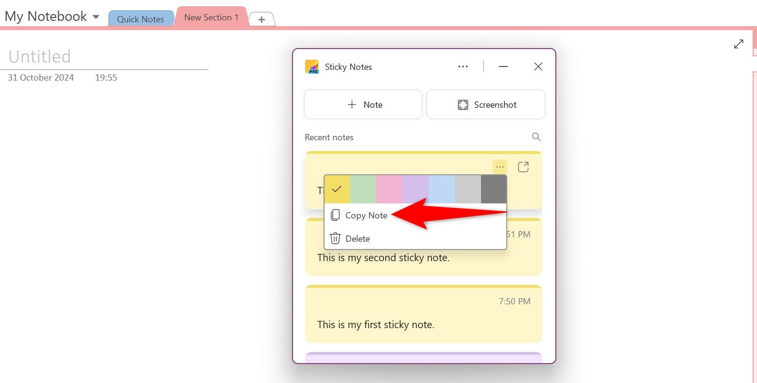 Опция Copy Note в синхронизированной заметке Sticky Notes в OneNote.
