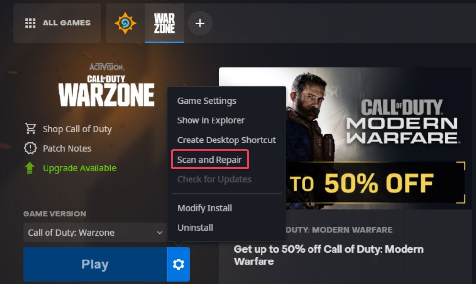 The Scan and Repair option