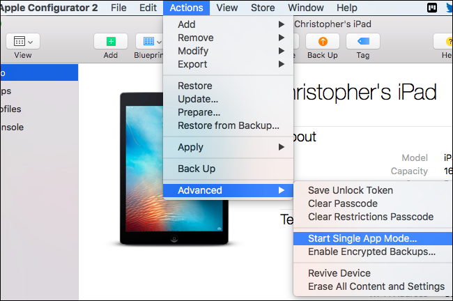 Apple Configurator — меню Actions > Advanced > Start Single App Mode