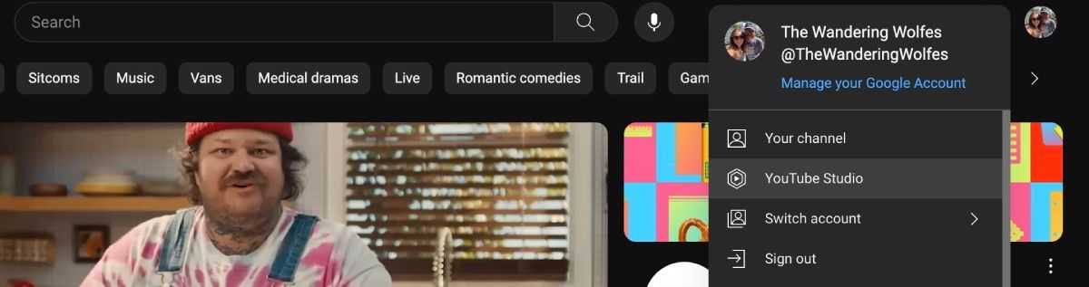 Главная страница YouTube: меню с опцией YouTube Studio