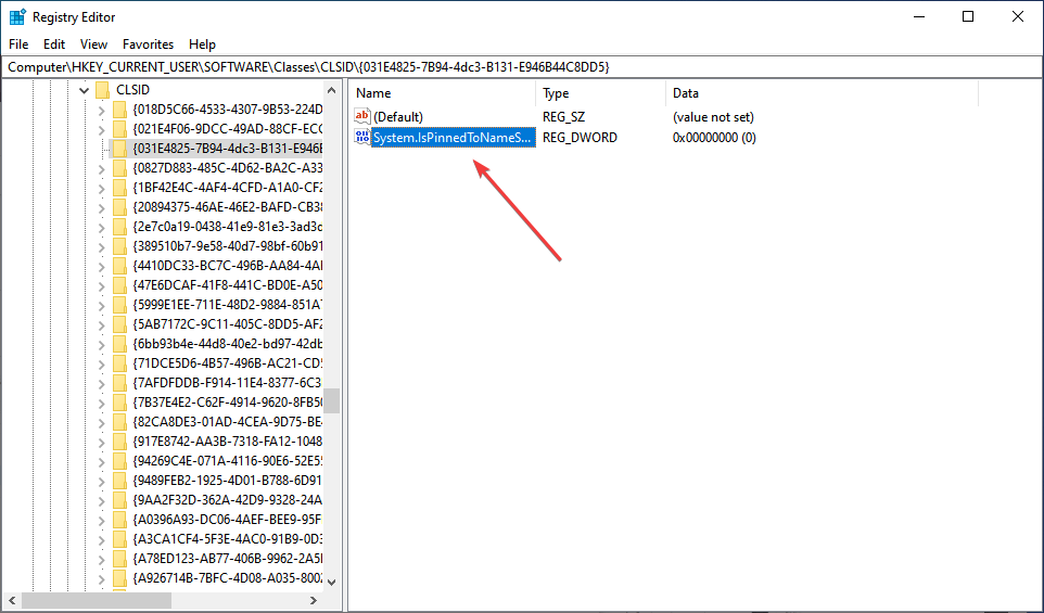 Открыть ключ System.IsPinnedToNameSpaceTree