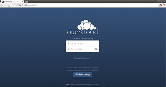 Страница приветствия ownCloud с выбором базы и хранилища