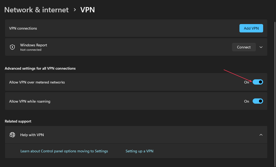 Переключатель разрешения VPN через лимитное соединение