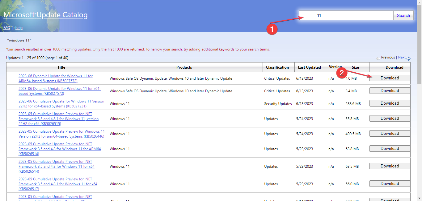 Скриншот результатов поиска в Microsoft Update Catalog