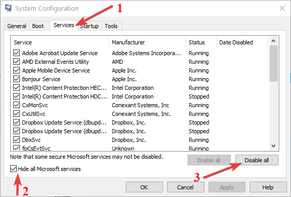 Окно Службы в конфигурации системы