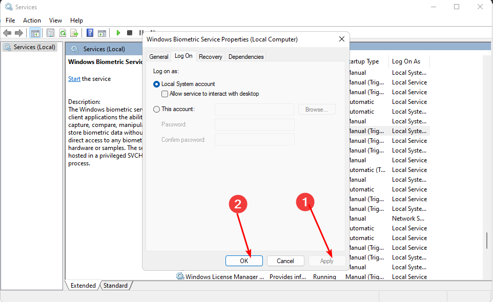Кнопки Применить и ОК в свойствах службы