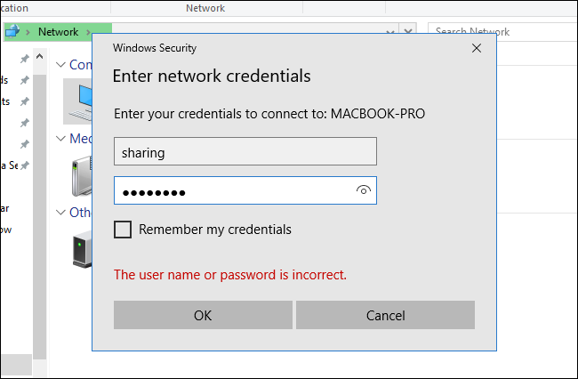 Окно ввода учётных данных в Windows для входа в сетевую папку