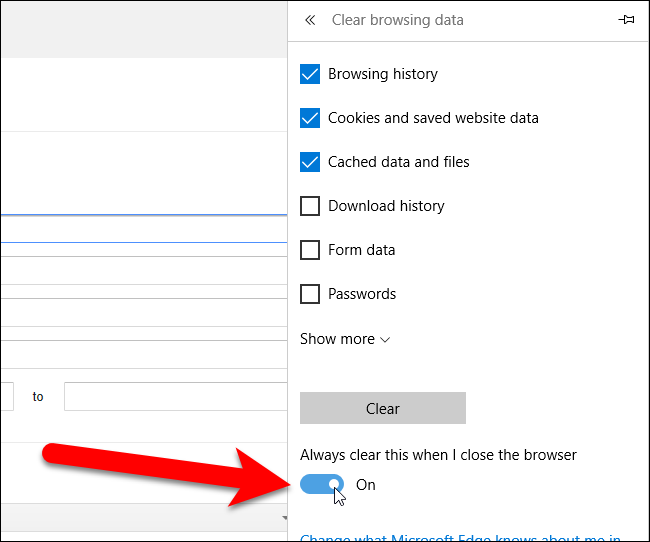 Переключатель всегда очищать при закрытии в Edge