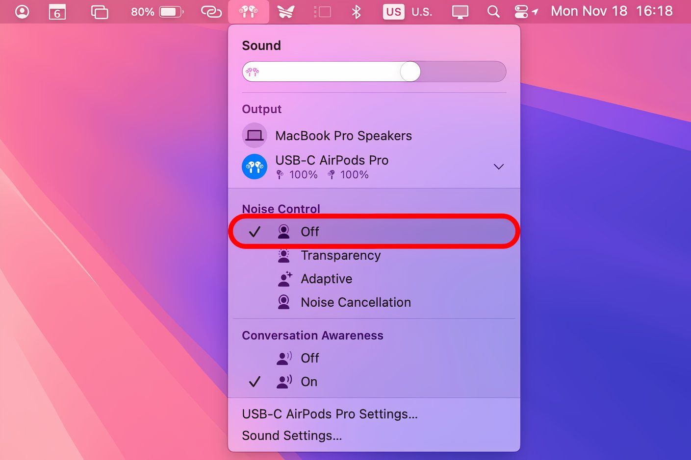 Меню громкости macOS с выбранной опцией Отключено в разделе Управление шумом.