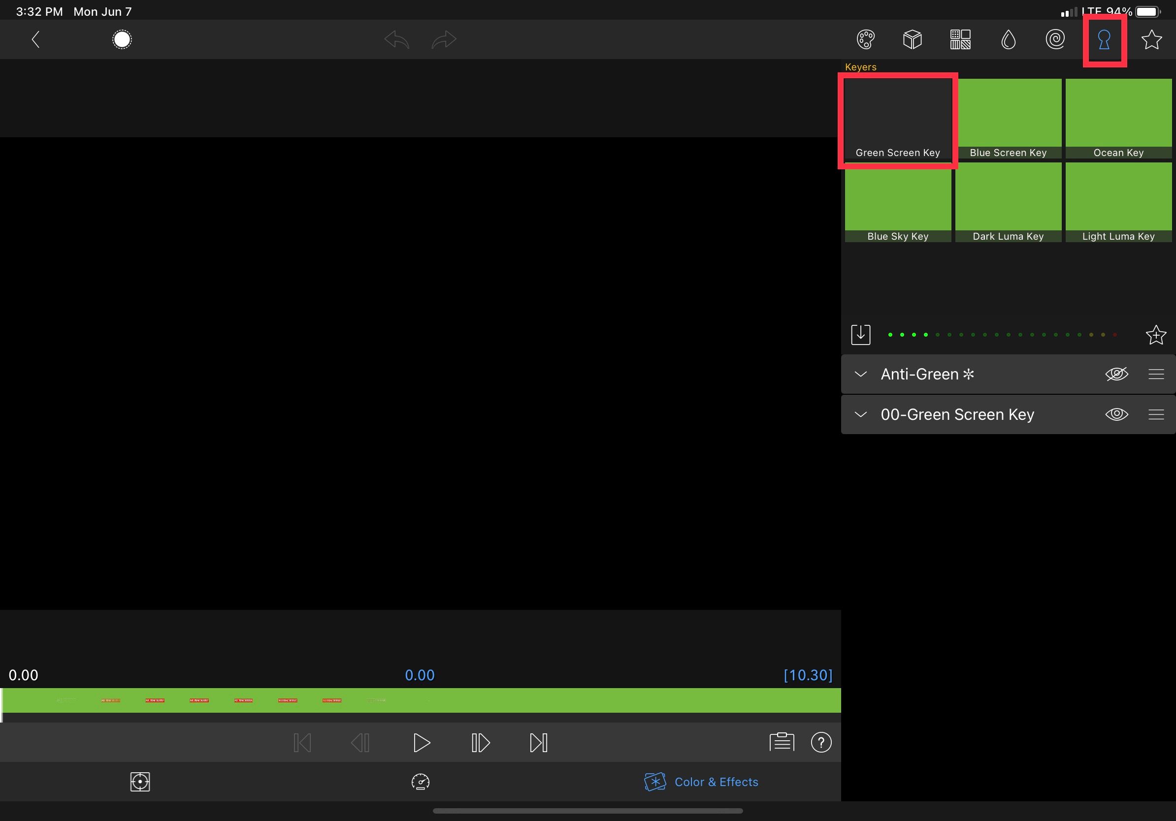 Меню эффектов с опцией Green Screen Key в LumaFusion