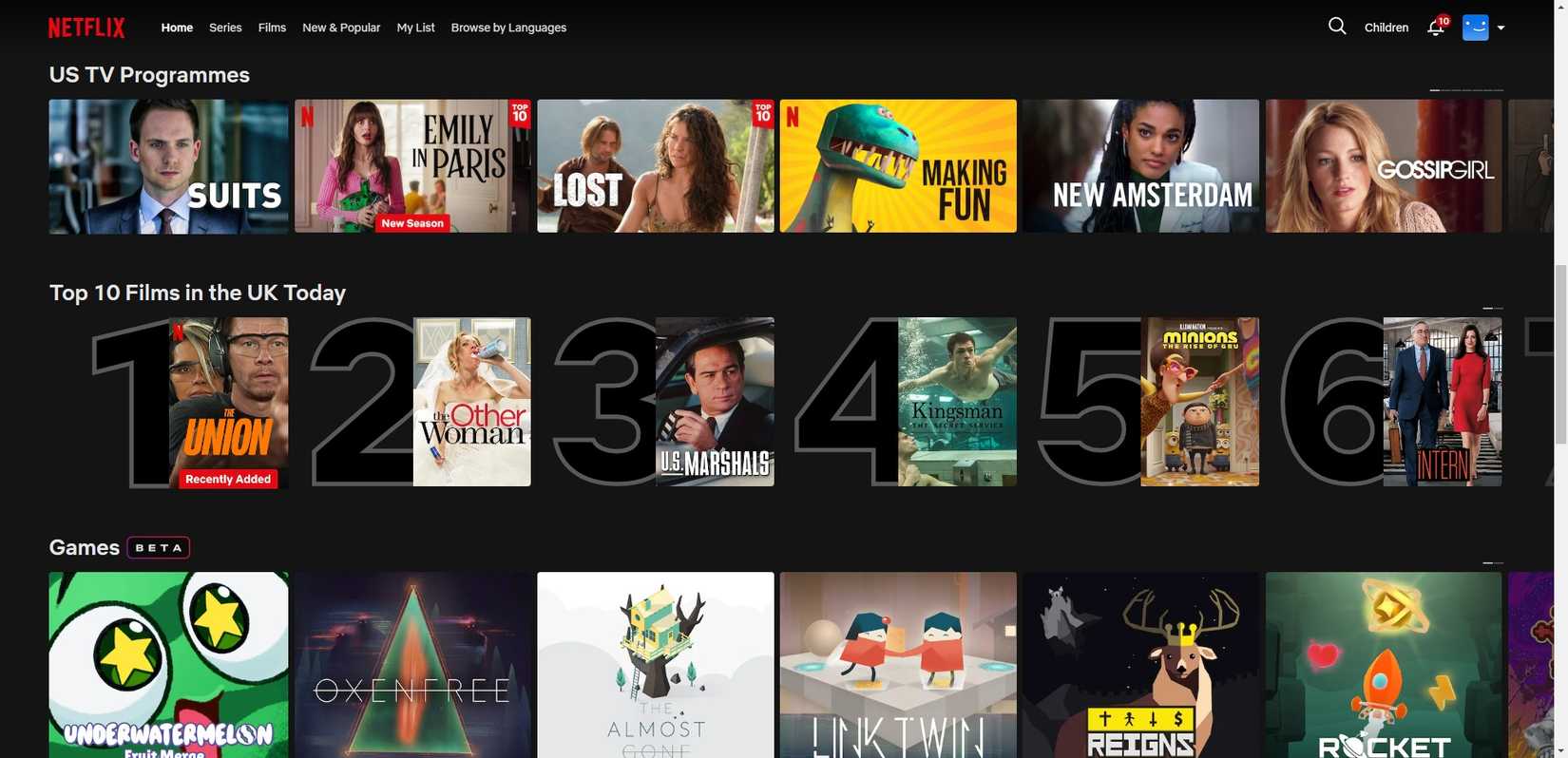 Главная страница Netflix с подборкой американских сериалов и фильмов