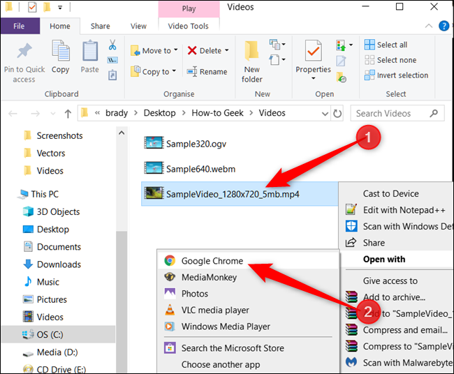 Контекстное меню файла: выбрать «Открыть с помощью» → Google Chrome