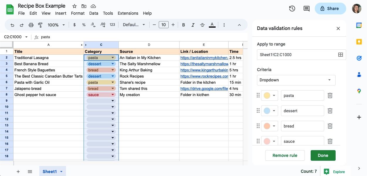 Меню настройки выпадающего списка в таблице