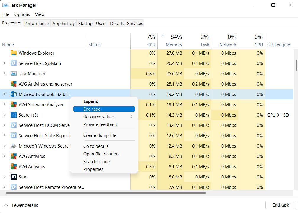 Завершите процесс Outlook