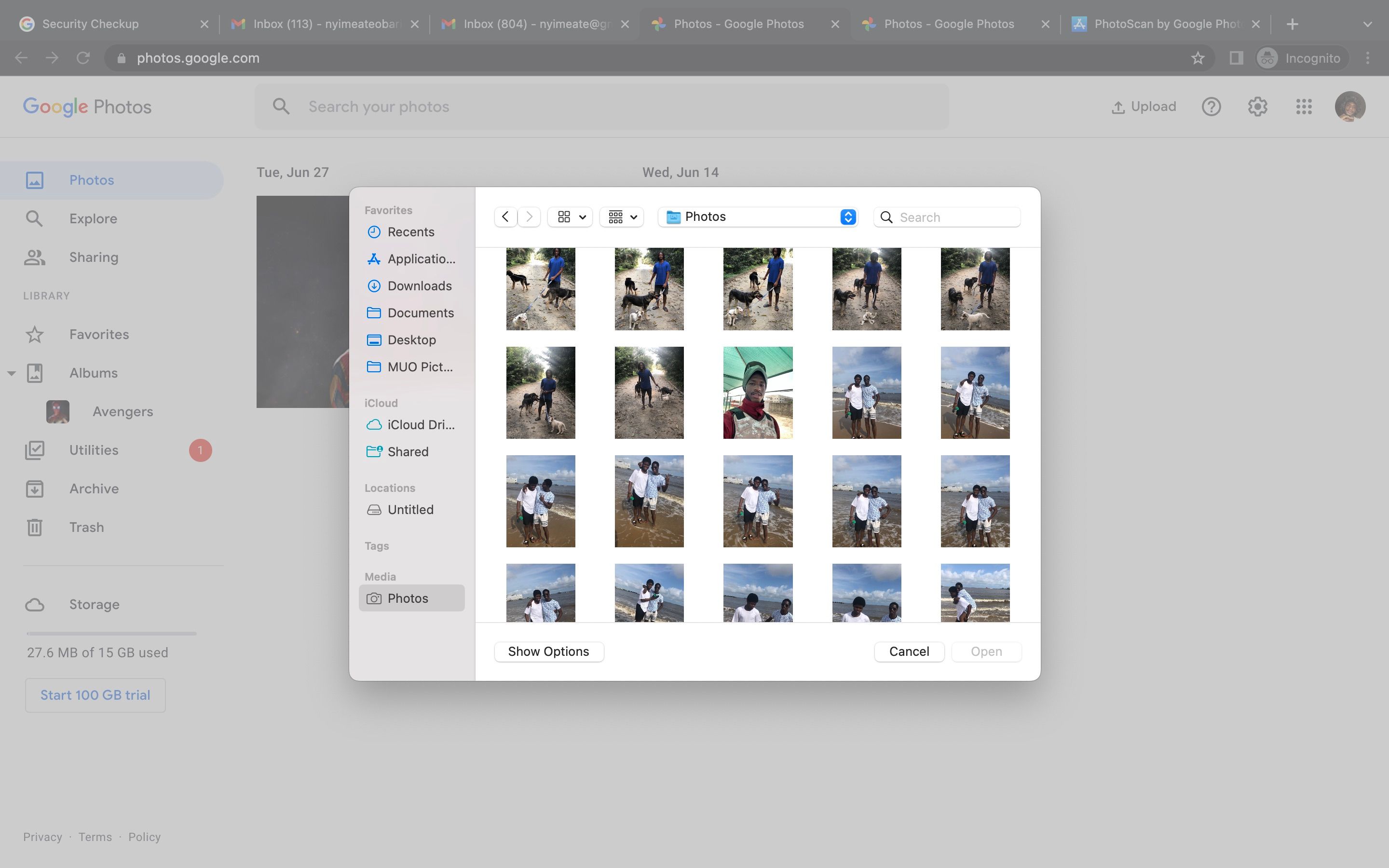 Выбор изображения для загрузки в Google Photos из Finder на macOS